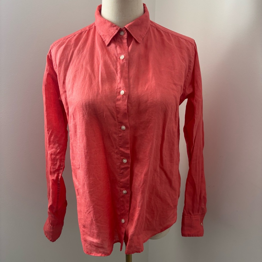 Uniqlo Linen Long Sleeve Button-Up Shirt in Coral Red